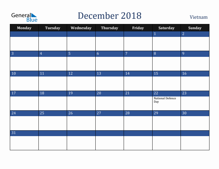 December 2018 Vietnam Calendar (Monday Start)