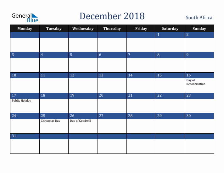 December 2018 South Africa Calendar (Monday Start)