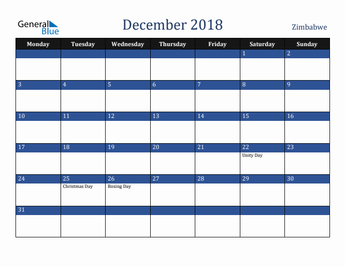 December 2018 Zimbabwe Calendar (Monday Start)