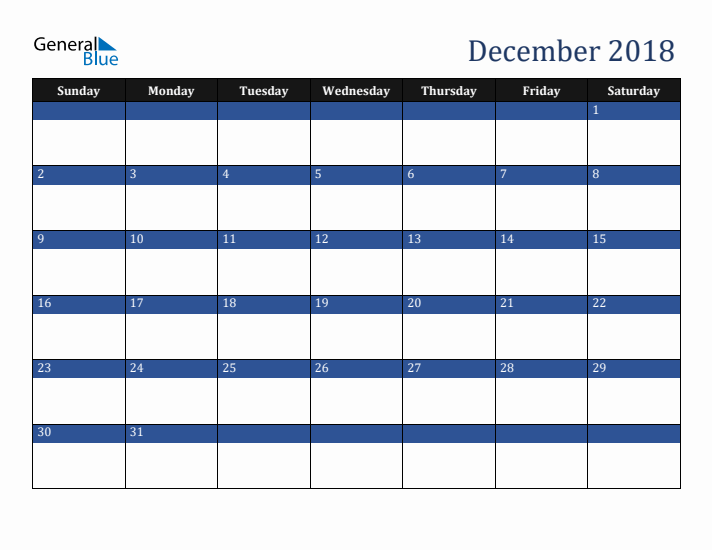 Sunday Start Calendar for December 2018