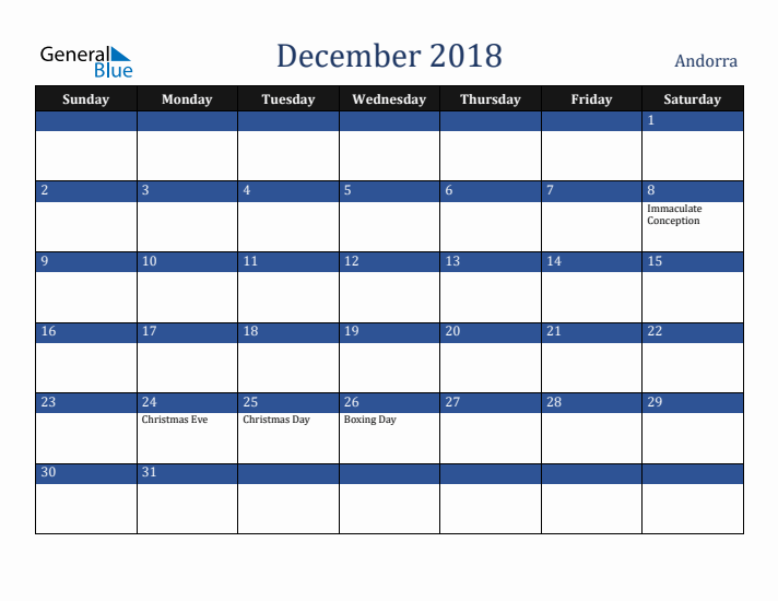 December 2018 Andorra Calendar (Sunday Start)
