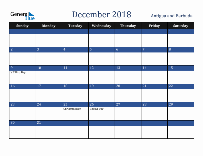 December 2018 Antigua and Barbuda Calendar (Sunday Start)