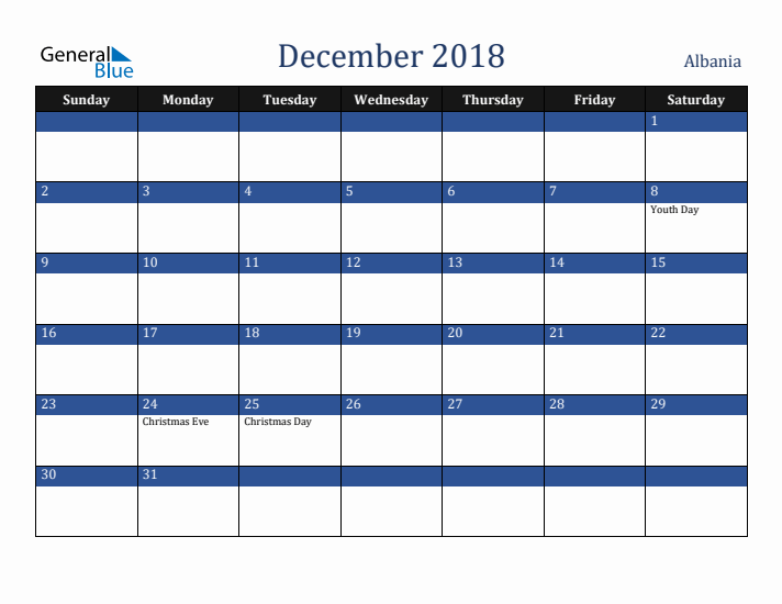 December 2018 Albania Calendar (Sunday Start)