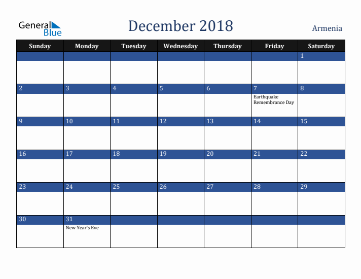 December 2018 Armenia Calendar (Sunday Start)
