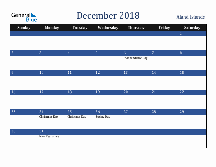 December 2018 Aland Islands Calendar (Sunday Start)