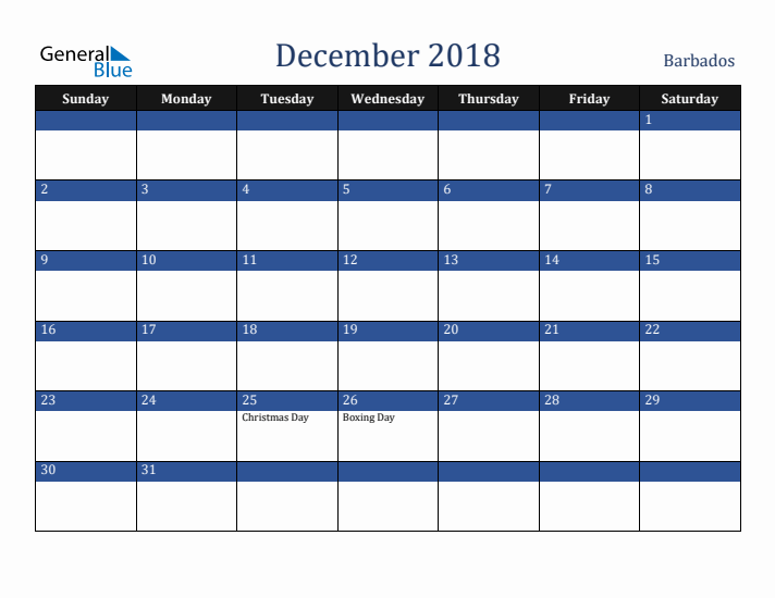 December 2018 Barbados Calendar (Sunday Start)
