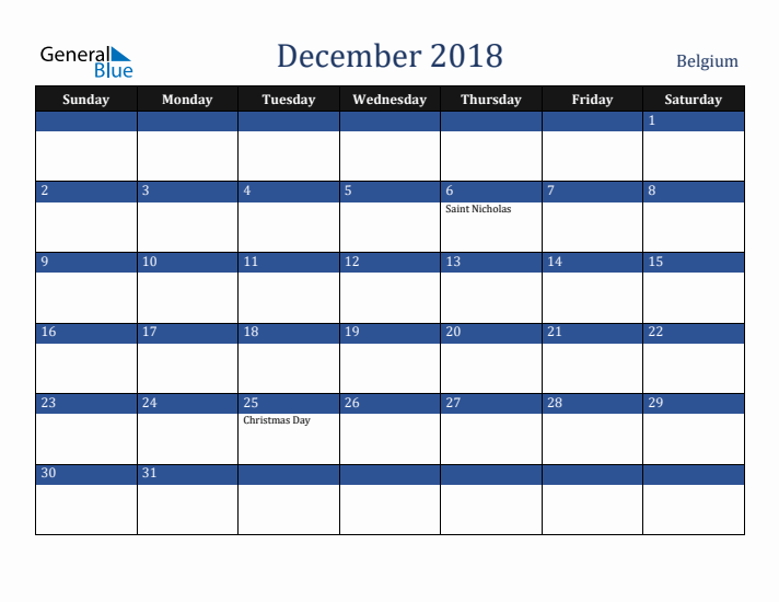 December 2018 Belgium Calendar (Sunday Start)