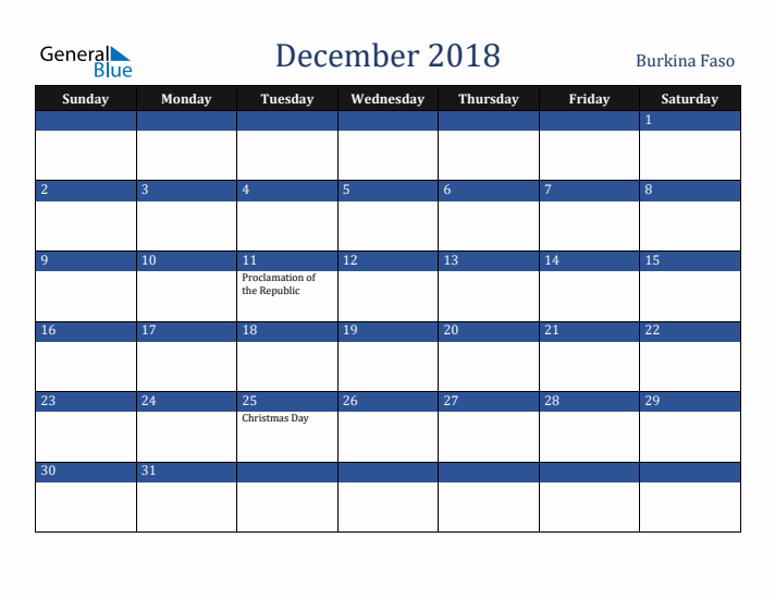 December 2018 Burkina Faso Calendar (Sunday Start)