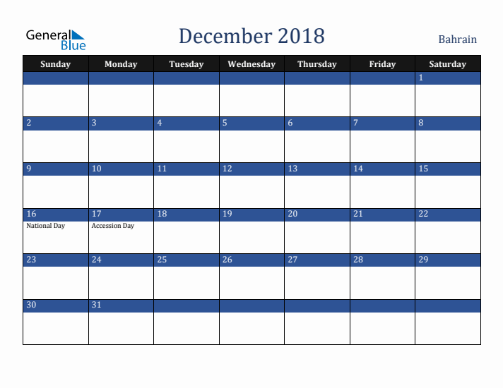 December 2018 Bahrain Calendar (Sunday Start)