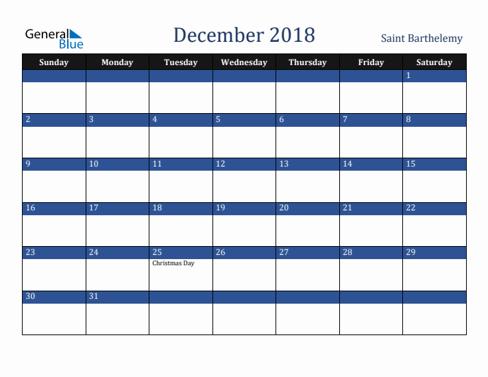 December 2018 Saint Barthelemy Calendar (Sunday Start)