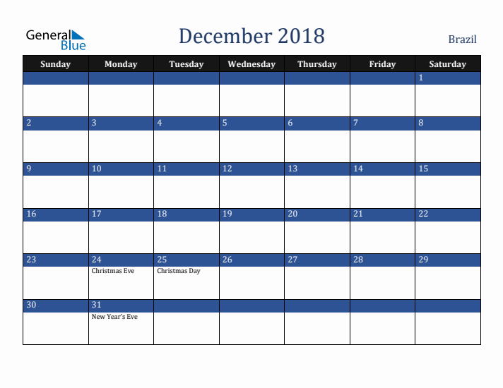 December 2018 Brazil Calendar (Sunday Start)