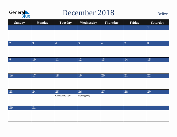 December 2018 Belize Calendar (Sunday Start)