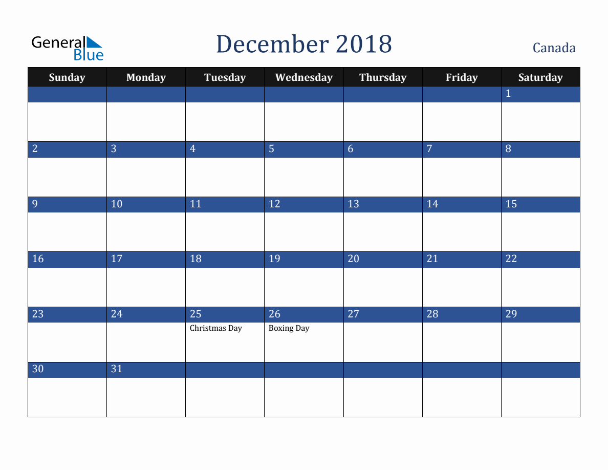 December 2018 Canada Holiday Calendar