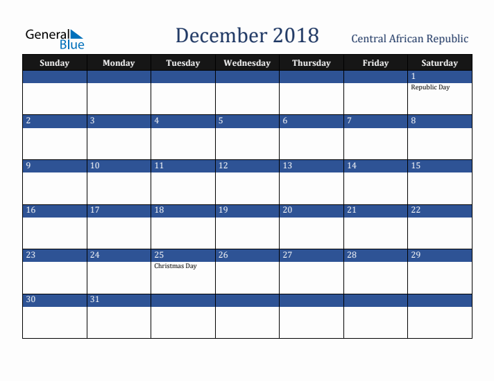 December 2018 Central African Republic Calendar (Sunday Start)