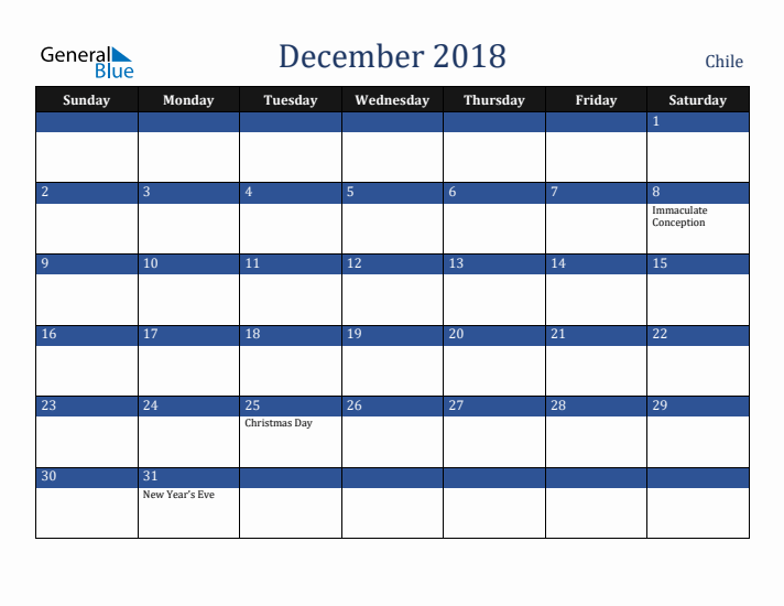 December 2018 Chile Calendar (Sunday Start)