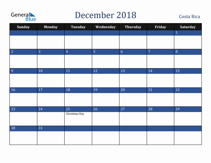December 2018 Costa Rica Calendar (Sunday Start)