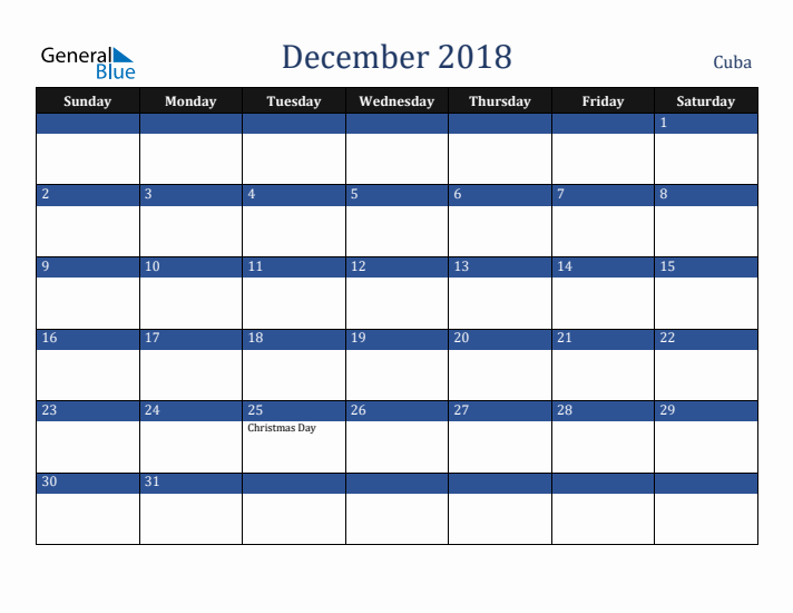 December 2018 Cuba Calendar (Sunday Start)