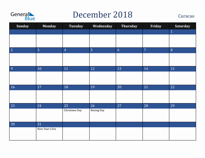 December 2018 Curacao Calendar (Sunday Start)