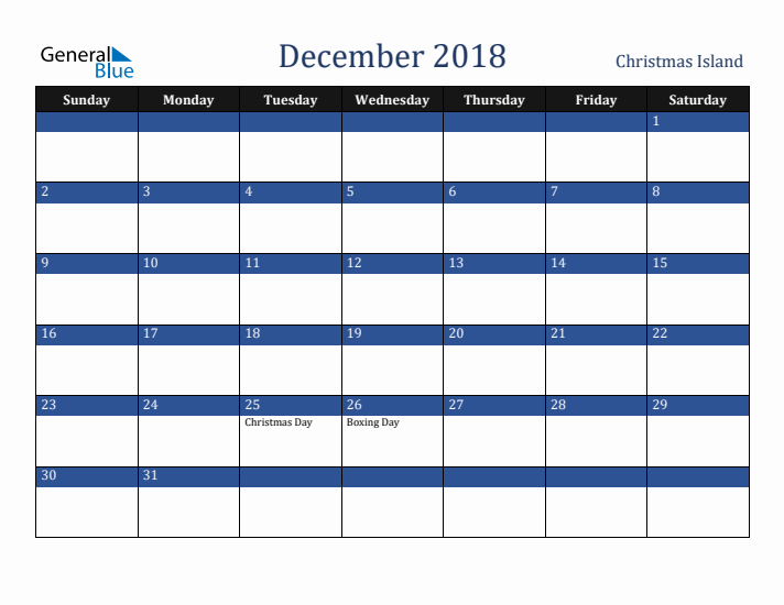December 2018 Christmas Island Calendar (Sunday Start)
