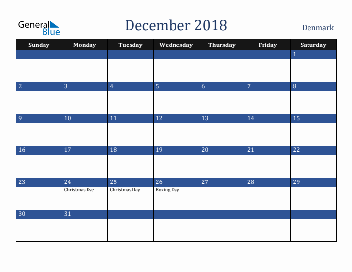 December 2018 Denmark Calendar (Sunday Start)