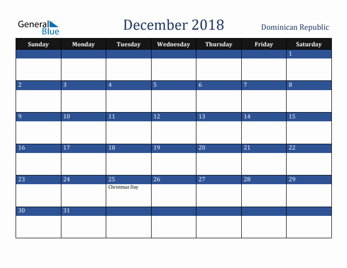 December 2018 Dominican Republic Calendar (Sunday Start)