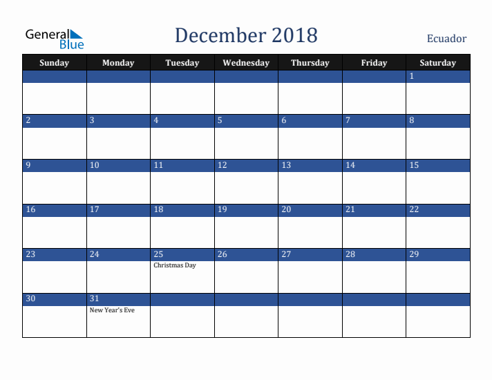 December 2018 Ecuador Calendar (Sunday Start)