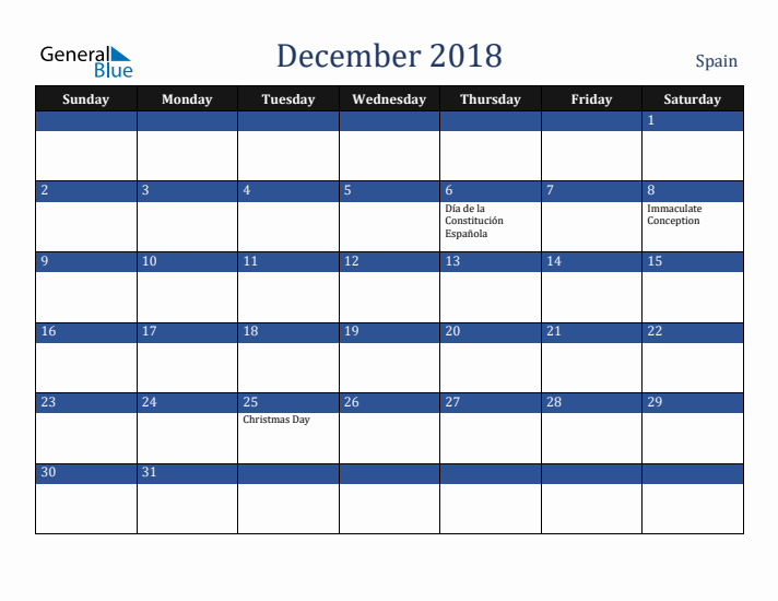 December 2018 Spain Calendar (Sunday Start)