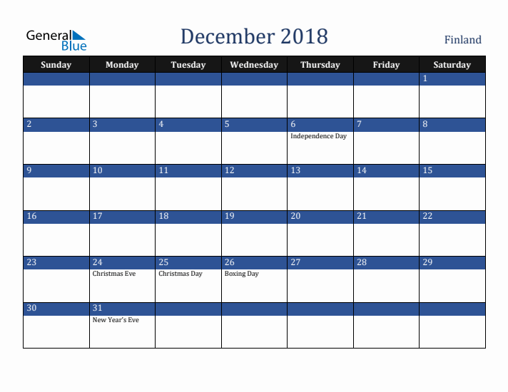 December 2018 Finland Calendar (Sunday Start)