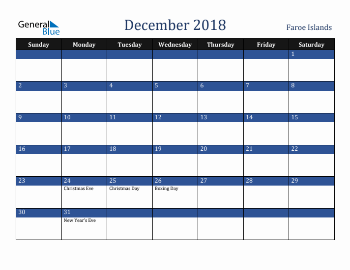 December 2018 Faroe Islands Calendar (Sunday Start)