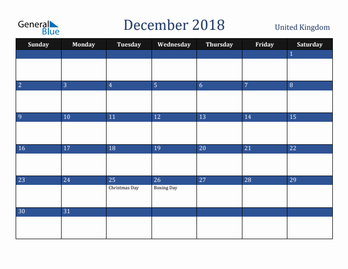 December 2018 United Kingdom Calendar (Sunday Start)