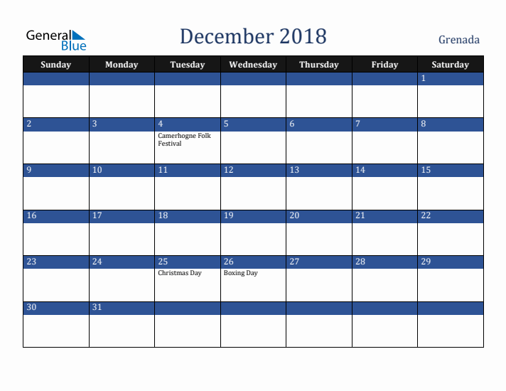 December 2018 Grenada Calendar (Sunday Start)