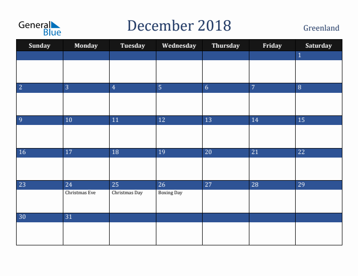 December 2018 Greenland Calendar (Sunday Start)