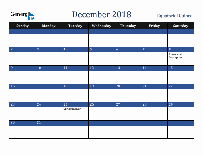 December 2018 Equatorial Guinea Calendar (Sunday Start)