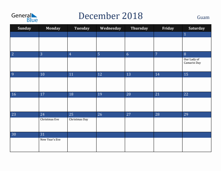 December 2018 Guam Calendar (Sunday Start)