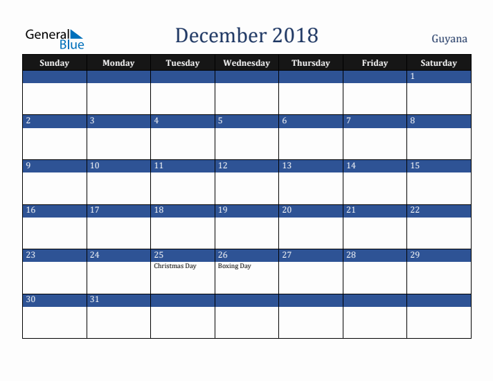 December 2018 Guyana Calendar (Sunday Start)