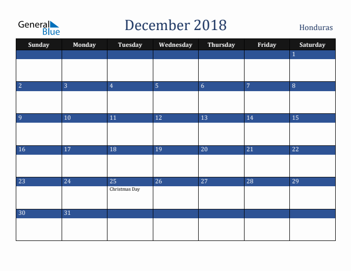 December 2018 Honduras Calendar (Sunday Start)