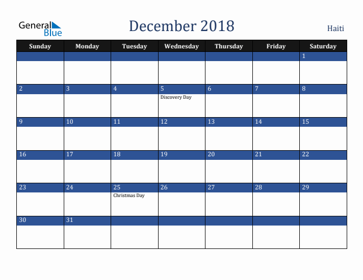 December 2018 Haiti Calendar (Sunday Start)
