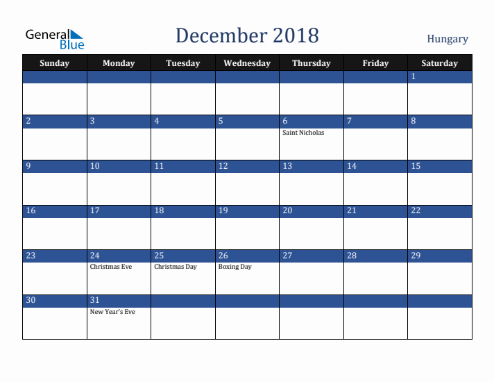December 2018 Hungary Calendar (Sunday Start)