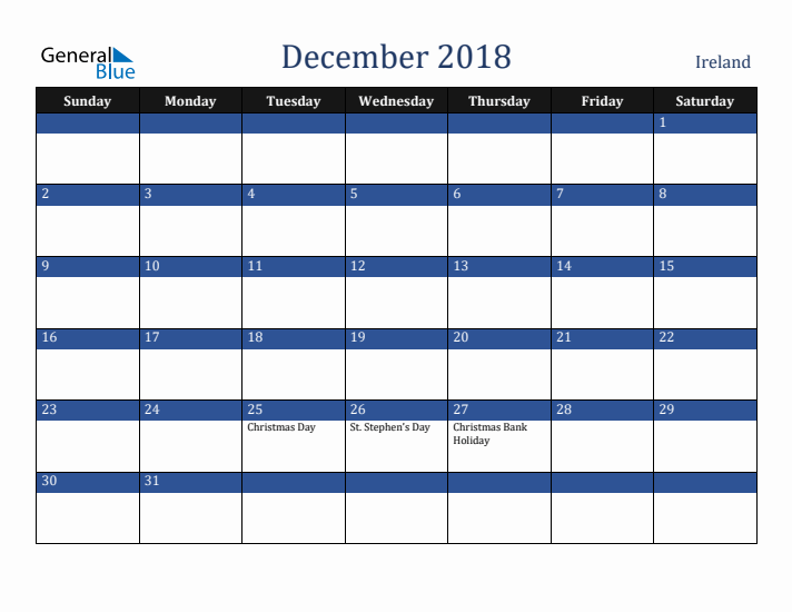 December 2018 Ireland Calendar (Sunday Start)