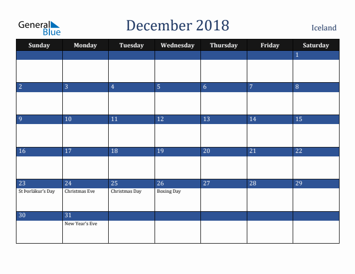 December 2018 Iceland Calendar (Sunday Start)