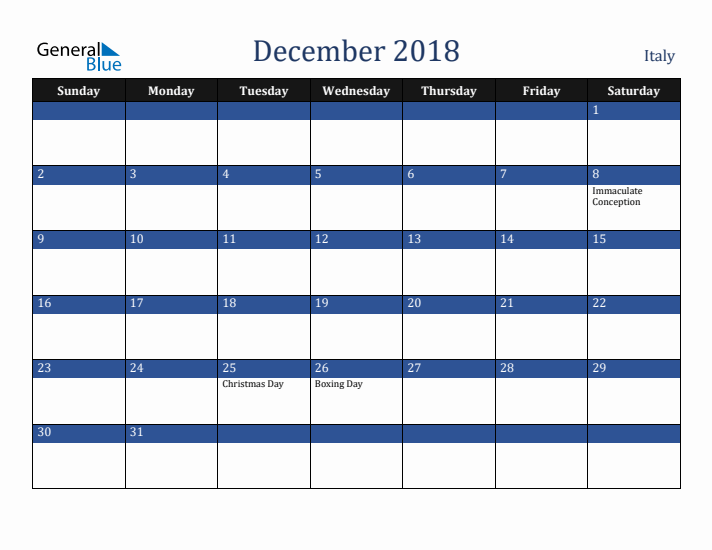 December 2018 Italy Calendar (Sunday Start)