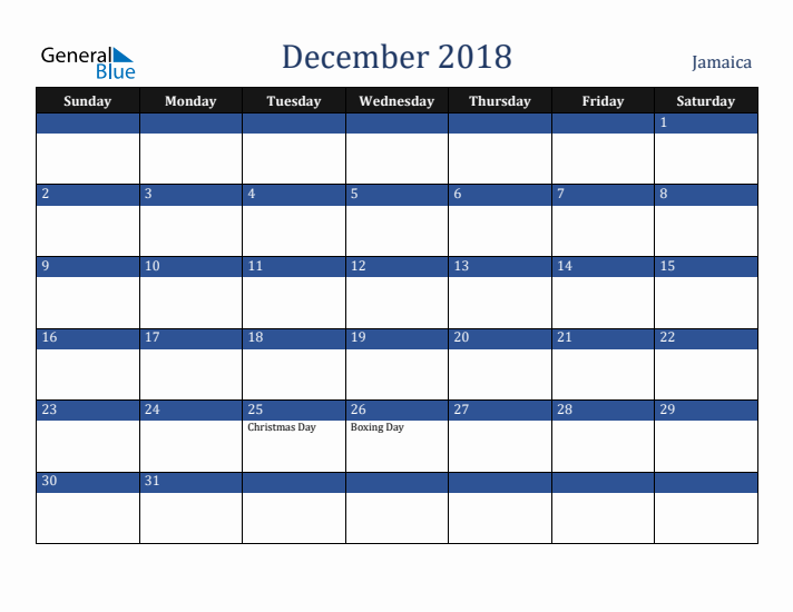 December 2018 Jamaica Calendar (Sunday Start)