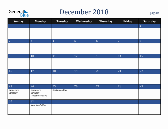 December 2018 Japan Calendar (Sunday Start)