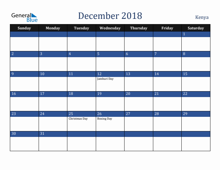 December 2018 Kenya Calendar (Sunday Start)