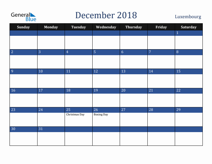 December 2018 Luxembourg Calendar (Sunday Start)