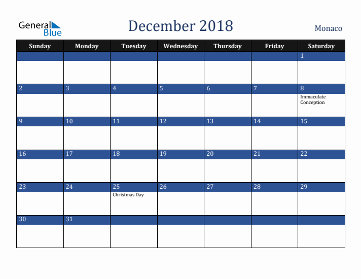 December 2018 Monaco Calendar (Sunday Start)