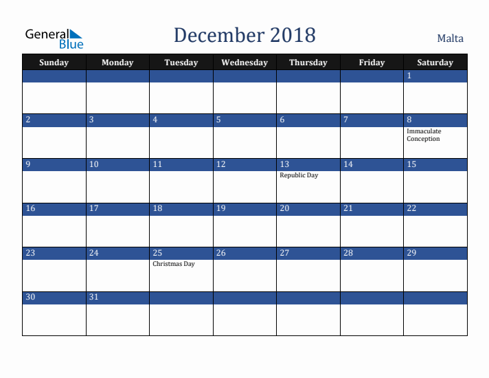 December 2018 Malta Calendar (Sunday Start)