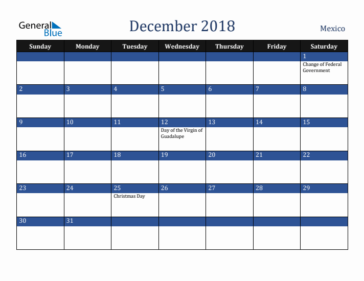 December 2018 Mexico Calendar (Sunday Start)