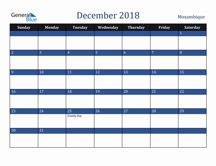 December 2018 Mozambique Calendar (Sunday Start)