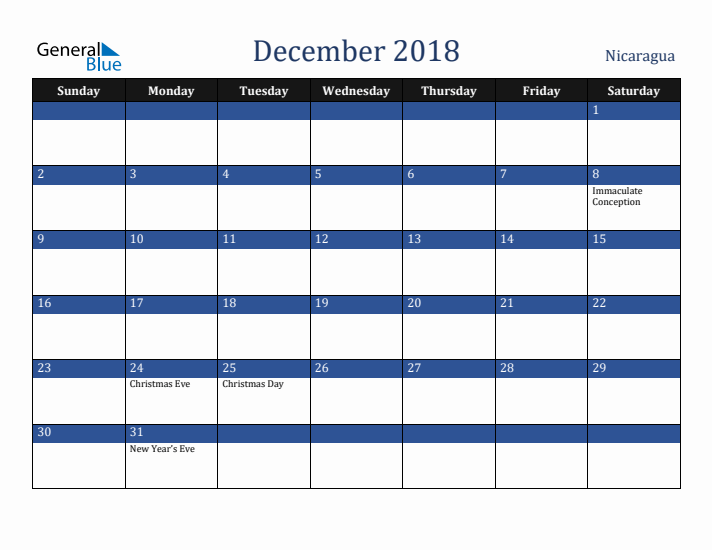 December 2018 Nicaragua Calendar (Sunday Start)